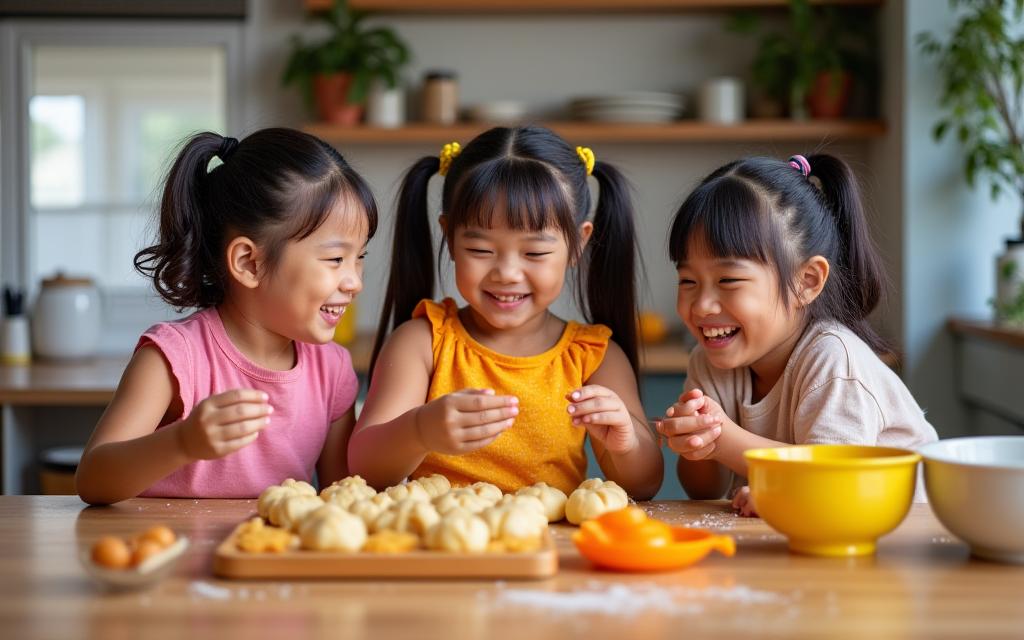 Family with kids learning Filipino cooking together