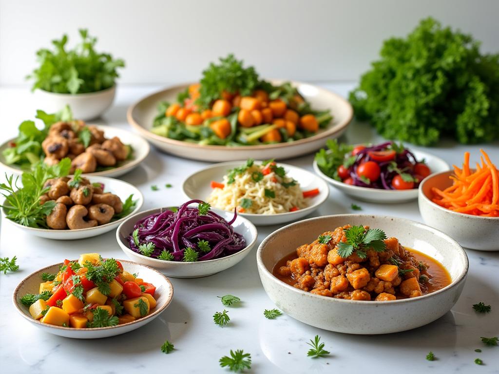 Plant-based Filipino dishes including vegan adobo and fresh vegetable spring rolls